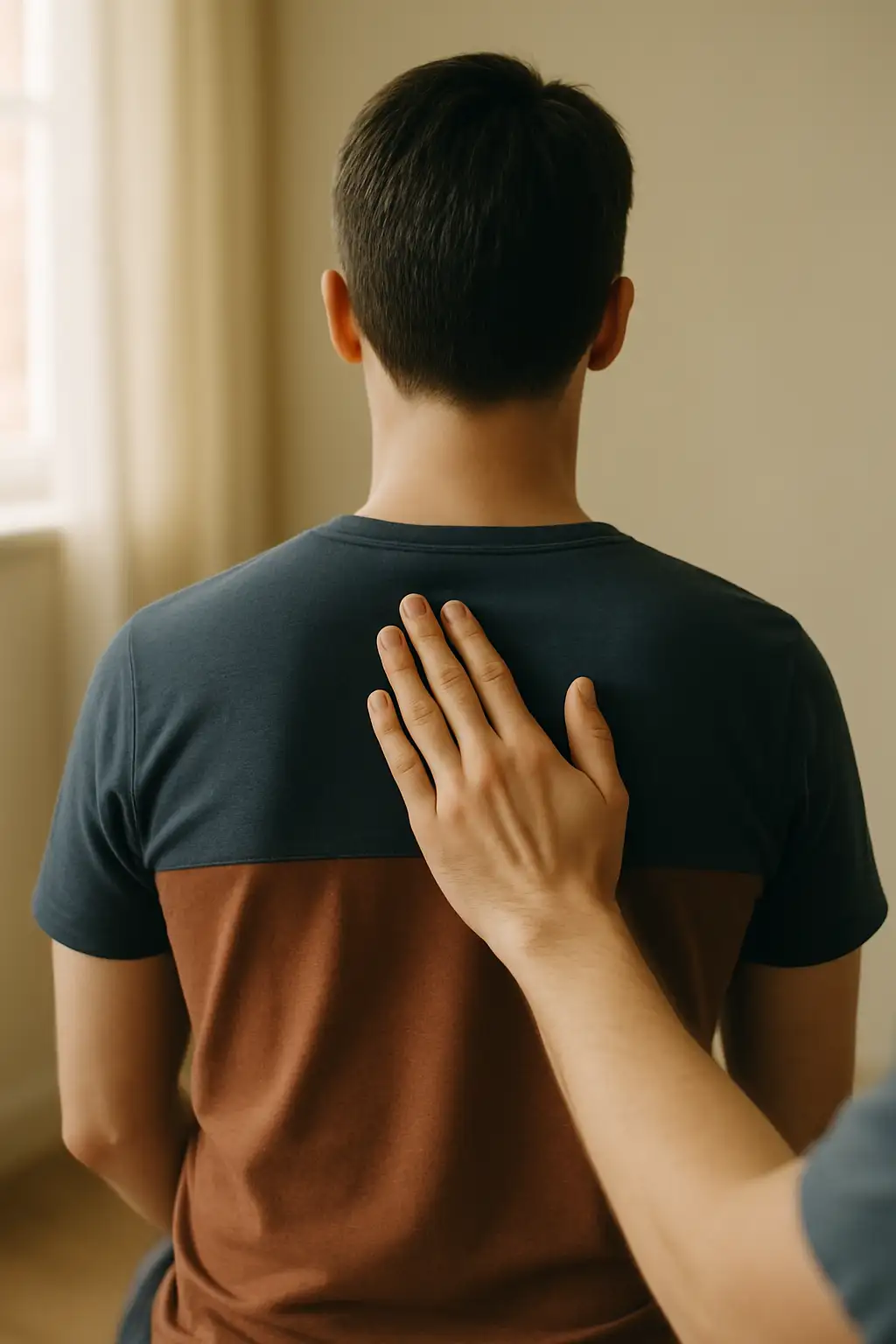 A practitioner's hand resting flat between the shoulder blades of an adult patient seen from behind, no face visible