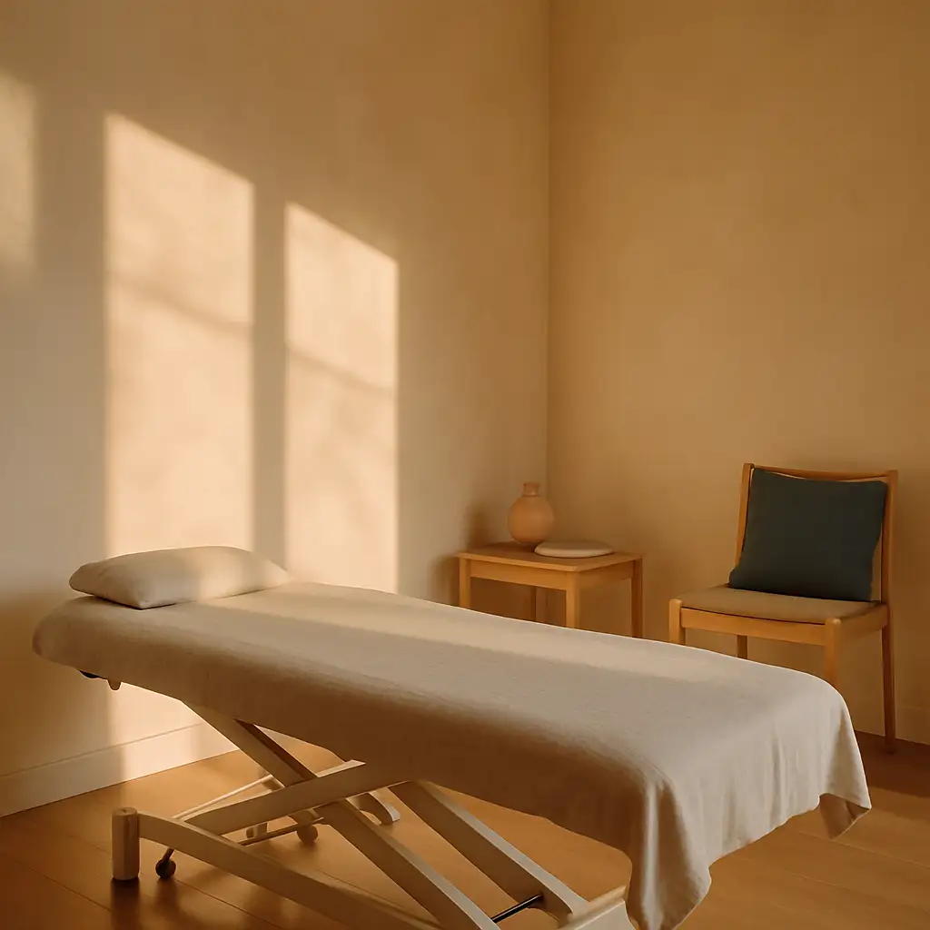 An empty, tidy osteopathy treatment room with a padded table and early morning light on warm cream walls — no people in the room